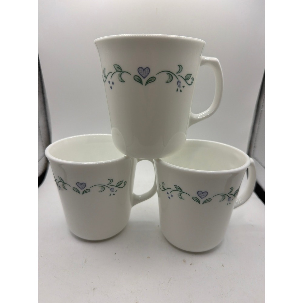 3 Corelle  Country Cottage Mugs With Vine & Heart Design Vintage 8oz.